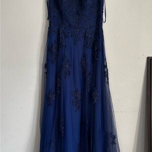 La Femme Navy Blue Lace Evening Gown
